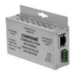 Ein silbernes Kommunikationsgerät von Comnet mit Ethernet-Anschlüssen, Modell CLRFE1POEU.
