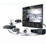 Überwachungskamerasystem mit mehreren Kameras und einem Monitor, der ein Überwachungsbild zeigt.