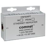 Ein silberfarbener Ethernet-Repeater von comnet mit den Anschlüssen P1 und P2 und Kontaktinformationen auf der Vorderseite.