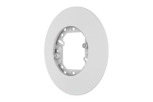 Ein weißer, runder Adapterring mit zentraler Öffnung und Löchern zur Befestigung.