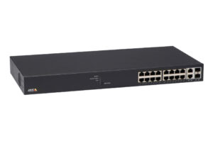 Ein schwarzer Netzwerk-Switch mit mehreren Ethernet-Ports auf der Vorderseite.