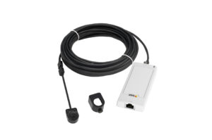Ein modulares Kamerasystem mit einem langen schwarzen Kabel, einer schwarzen Linse und einem weißen Anschlussmodul mit Ethernet-Anschluss.