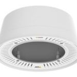 Ein weißer, zylindrischer Deckenhalter für eine Überwachungskamera mit einem runden, offenen Bereich in der Mitte.