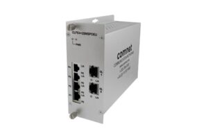 Ein weißes elektrisches Netzwerkgerät von Comnet mit mehreren Ethernet-Anschlüssen.