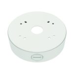Weiße, runde Montagehalterung mit mehreren Befestigungslöchern und einer Öffnung in der Mitte.