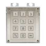 Ein Metall-Tastenfeld mit zwölf Tasten, nummeriert von 0 bis 9, sowie zwei Symboltasten für Anruf und Schlüssel.