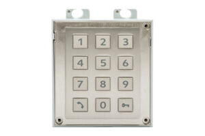 Ein Metall-Tastenfeld mit zwölf Tasten, nummeriert von 0 bis 9, sowie zwei Symboltasten für Anruf und Schlüssel.