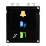 Ein Bedienfeld mit Symbolen für Klingel, Sprachsteuerung, stille Kommunikation und Türöffnung.