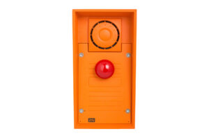 Ein orangefarbenes Kommunikationsgerät mit einem großen roten Knopf und einem Lautsprecher.