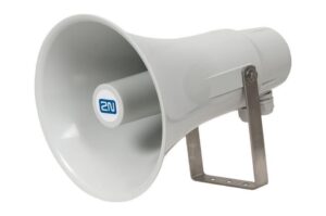 Weißer Lautsprecher mit Metallhalterung, auf der Vorderseite ist das Logo "2N" sichtbar.