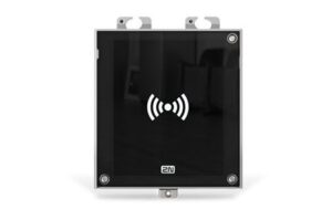 Ein schwarzes RFID-Lesegerät mit einem Wellensymbol in der Mitte und dem 2N-Logo unten.
