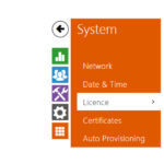 Systemmenü mit den Optionen Netzwerk, Datum & Zeit, Lizenz, Zertifikate und Auto Provisioning, orange hinterlegt.