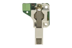 Ein elektrischer Kontakt mit einer grünen und weißen Halterung und einer Schraubbefestigung.