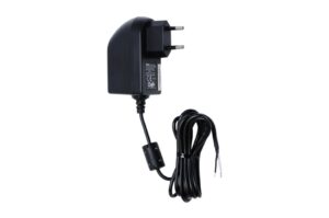 Schwarzes Netzteil mit Eurostecker und langem Kabel, das in zwei blanken Drähten endet.