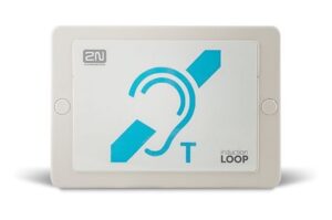 Ein Induktionsschleifensymbol auf einer rechteckigen Platte mit der Aufschrift "2N" und "induction LOOP".