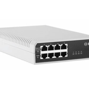 Ein weißer Netzwerk-Switch mit acht Ethernet-Ports auf der Vorderseite, von der Marke Bosch.