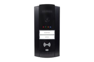 Intercom-System in Schwarz mit Kamera, zwei beleuchteten Tasten für "Reception" und "Office" und RFID-Symbol.