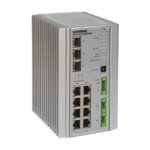 Industrieller Ethernet-Switch von Comnet mit mehreren Ports und LEDs zur Statusanzeige.