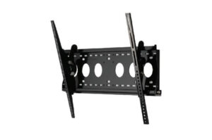 Eine schwarze, neigbare TV-Wandhalterung mit ovalen Ausschnitten und langen vertikalen Schienen.