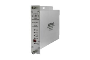 Ein grauer Video-Transmitter mit der Aufschrift "comnet" und Anzeigen für verschiedene Verbindungen und den Betriebsstatus.