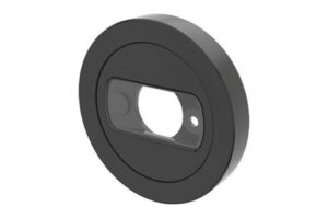 Schwarze, runde Abdeckplatte mit einem rechteckigen Ausschnitt in der Mitte.