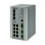 Ein industrieller Ethernet-Switch von Comnet mit mehreren Netzwerkanschlüssen und LED-Anzeigen auf der Vorderseite.