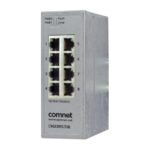 Ein grauer Netzwerk-Switch von Comnet mit acht Ethernet-Ports, Modell CNGE8MS/DIN.