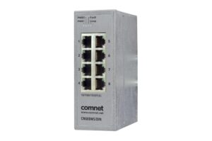 Ein grauer Netzwerk-Switch von Comnet mit acht Ethernet-Ports, Modell CNGE8MS/DIN.