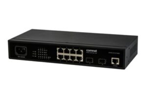 Schwarzer Netzwerk-Switch mit mehreren Ethernet- und SFP-Ports auf der Vorderseite.