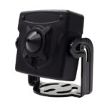 Schwarze Überwachungskamera mit verstellbarer Halterung.