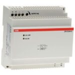Ein weißes elektrisches Gerät von ABB mit einem roten Streifen, mehreren Anschlussklemmen und den Bezeichnungen DC LOW und DC ON.
