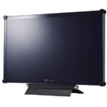 Ein schwarzer Flachbildschirm von Neovo mit Standfuß und glänzender Oberfläche.