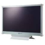 Ein silberner Neovo-Computerbildschirm mit schwarzem Display auf einem silbernen Standfuß.