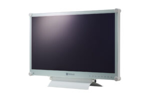 Ein silberner Neovo-Computerbildschirm mit schwarzem Display auf einem silbernen Standfuß.