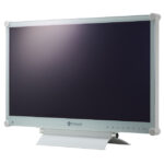 Ein silberner Neovo-Bildschirm mit schwarzem Bildschirm und rechteckigem Standfuß.