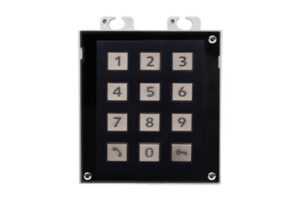 Eine numerische Tastatur mit Tasten von 0 bis 9 sowie Anruf- und Schlüsselsymbolen.