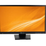 Ein Computerbildschirm mit schwarzem Rahmen und einem orangefarbenen Hintergrundbild mit wellenförmigen Linien.