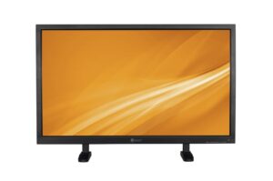 Ein schwarzer Computerbildschirm mit einem orangefarbenen Hintergrund und abstrakten Linienmuster.