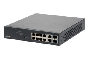 Ein Netzwerk-Switch-Gehäuse von Axis mit mehreren Ethernet-Ports, Lüftungsschlitzen an der Seite und LED-Anzeigen auf der Vorderseite.