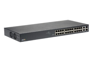 Ein schwarzer Netzwerk-Switch mit mehreren Ethernet-Anschlüssen auf der Vorderseite.
