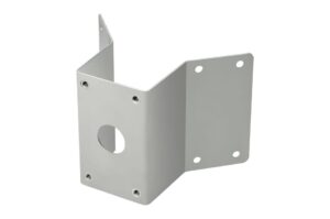 Metallwinkelhalterung mit mehreren Schraublöchern und einer zentralen Öffnung.