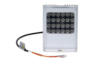 Ein weißes elektronisches Gerät mit mehreren runden Linsen auf der Vorderseite und einem angeschlossenen Kabel.