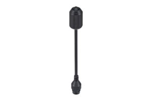 Schwarze, zylindrische Steckerverbindung mit Kabel.