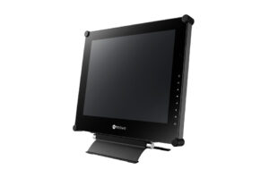 Ein schwarzer Neovo-Monitor mit stabilem Standfuß in seitlicher Ansicht.