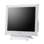 Ein weißer Neovo-Monitor mit einem rechteckigen Rahmen und Bedienelementen an der Seite.