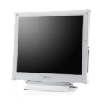 Ein weißer Computer-Monitor mit der Aufschrift "neovo" auf der Vorderseite, stehend auf einem weißen Ständer.