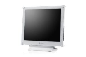 Ein weißer Computer-Monitor mit der Aufschrift "neovo" auf der Vorderseite, stehend auf einem weißen Ständer.