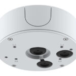 Runde weiße Deckenmontagehalterung für eine Kamera mit mehreren Öffnungen und Schrauben.