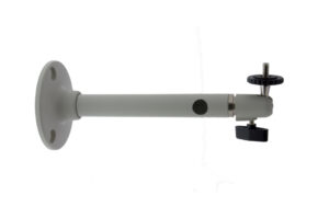 Ein weißer, verstellbarer Wandhalter mit runder Basis und Schraubvorrichtung.