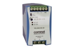 Netzteil mit der Aufschrift "comnet Communication Networks" und Modellnummer "PS-DRA100-48", mit Anschlüssen und Technischen Spezifikationen auf der Vorderseite.
